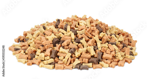 Colorful dog treats in the form of bones on a white background.