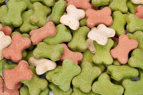 Dog multicolored dry crunchies in form of bone. Crunchy vegetarian puppy treats and nutrition close-up