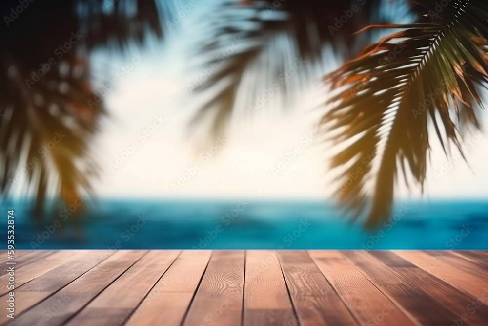 Top of wood table with seascape and palm leaves, blur bokeh light background. Generative AI.