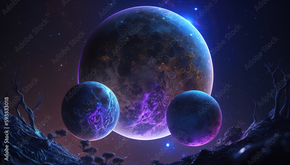 Blue planet with three moons covered with purple luminous organic web