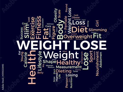 Word cloud background concept for weight Lose. Diet with healthy food for losing overweight or living healthy life. vector illustration.