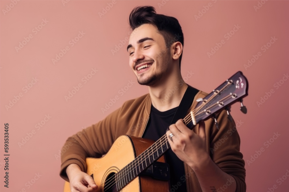 Naklejka premium Expressive Guitar Performance. Musician playing guitar with emotion and technique on a pastel background. Copy space. Entertainment concept AI Generative