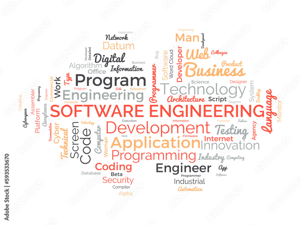 Fototapeta premium Word cloud background concept for Software engineering. computer programming system, cloud technology development of application management. vector illustration.