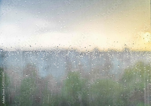 Raindrops on a window with a blurred view of a natural landscape during sunset. Soft light, gentle colors create a peaceful background texture perfect for designs, calming atmospheres, or artistic use
