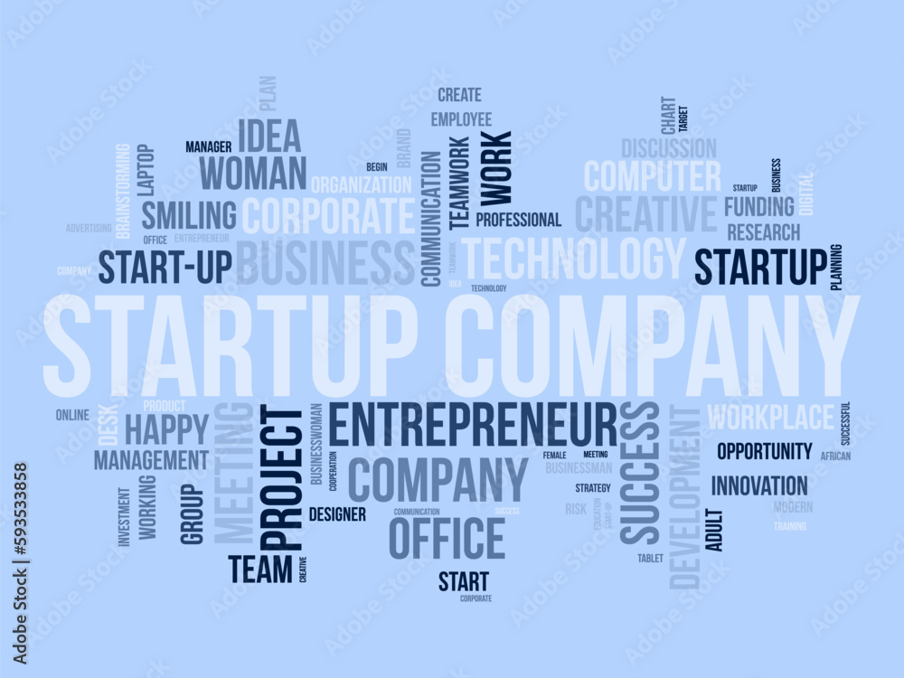 Obraz premium Word cloud background concept for Startup Company. Entrepreneurship idea, project innovation opportunity of corporate plan. vector illustration.