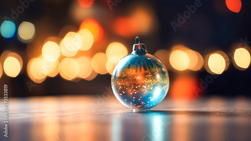 Christmas background with Christmas ball and bokeh lights, generative AI.