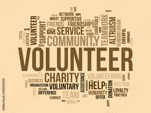 Word cloud background concept for volunteer. Charity support, community help work, care of humanitarian support service. vector illustration.