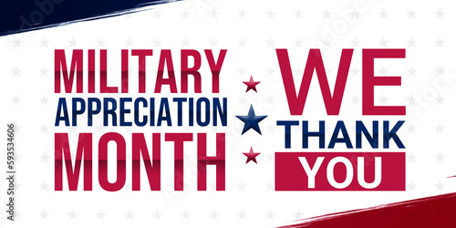 National Military Appreciation Month in May. Patriotic American elements. Annual Armed Forces Celebration Month in United States. Poster, card, banner, web