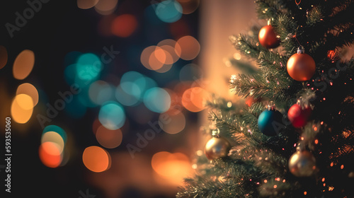 Festive Christmas tree on a blurred background with bokeh  generative AI.