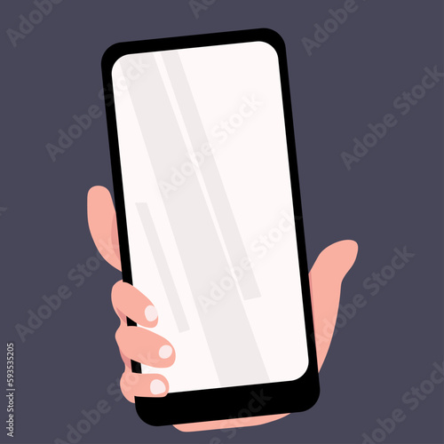 Human hand holding mobile cellular phone, flat vector illustration