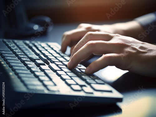 Man hands typing on the keyboard closeup in office workplace. Generative AI