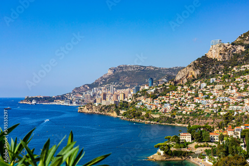 High angle view of Monaco, Monte Carlo, from Roquebrune, France. Panoramic view. Summer time, 2022.