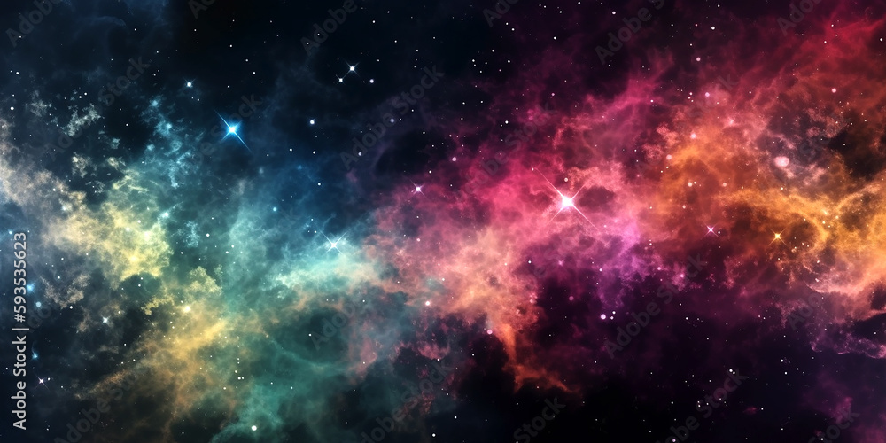 galaxy universe background with multicolored fractal nebula dust. Generative ai