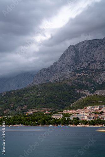Makarska. Tourist waterfront town of Makarska, Dalmatia archipelago of Croatia, Stormy gray sky