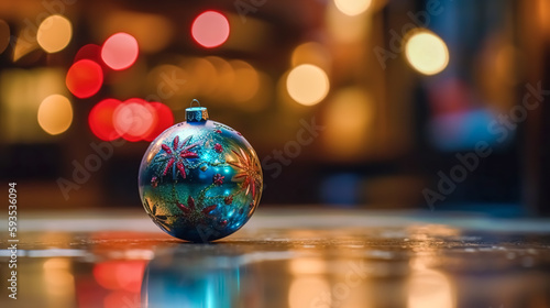 Christmas background with Christmas ball and bokeh lights, generative AI.