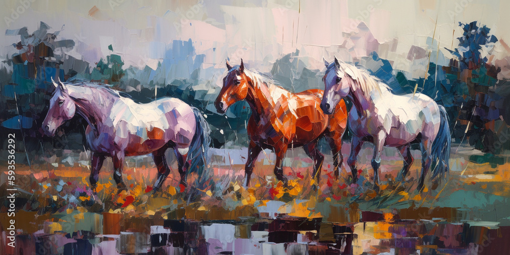 Thundering Hooves An Impressionistic Painting of Horses in Rich, Warm