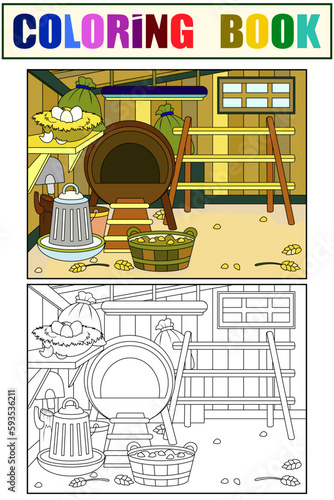 Set interior of an agricultural building coloring background and color. Chicken coop with furniture and items example.