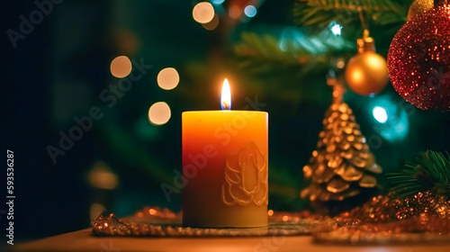 Christmas background with a burning candle and decor details  generative AI.