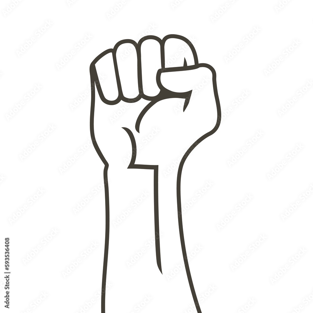 Hand raised air fighting for human rights. Fist up power Concept of protest, rebel, political demands, revolution, unity, cooperation, don't give up. line logo icon Hand raised air fighting for human rights. Fist up power Concept of protest, rebel, political demands, revolution, unity, cooperation, don't give up. line logo icon
