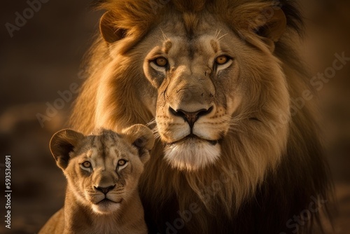 A male lion and its cub are beautifully captured in a portrait photography composition
