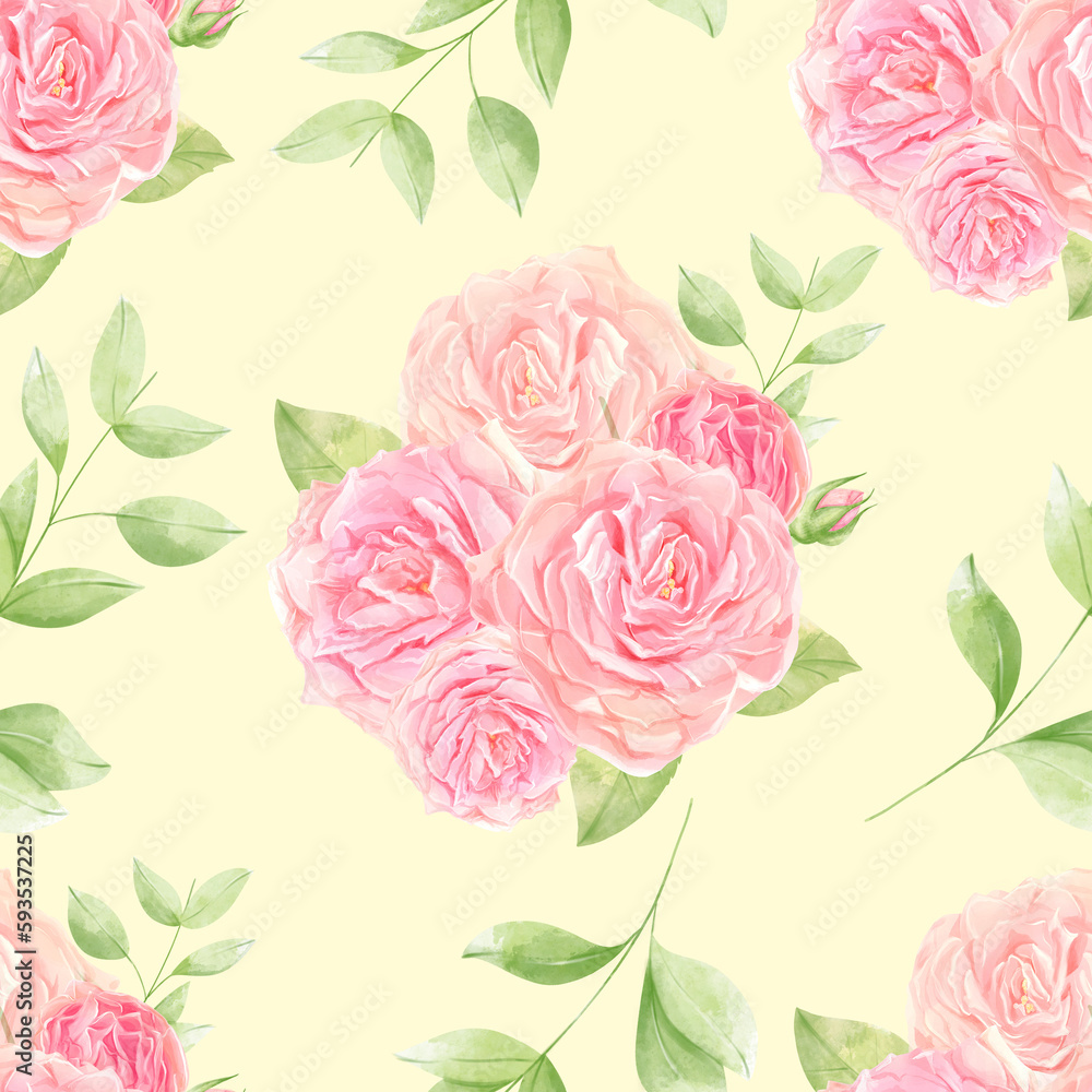 Seamless watercolor pink roses pattern. Bouquet of roses. Beautiful flowers.