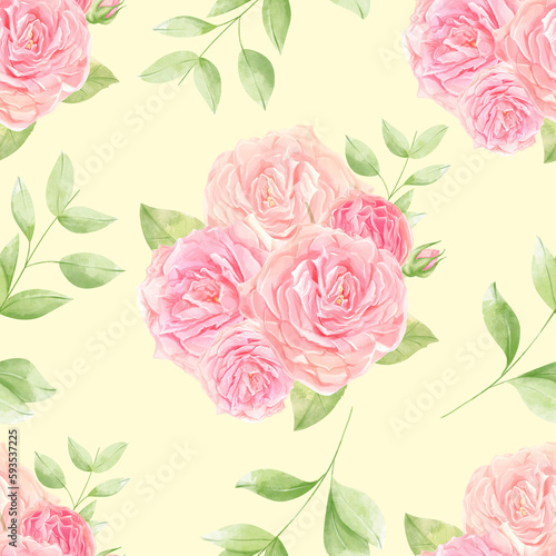 Seamless watercolor pink roses pattern. Bouquet of roses. Beautiful flowers.