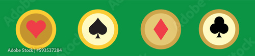 Set of game coins card suits of clubs, hearts, diamonds, spades gold icons on the green background