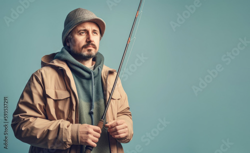 Fishing Adventure. Skilled fisherman holding a fishing rod on a pastel blue background. Copy space. Sport concept AI Generative