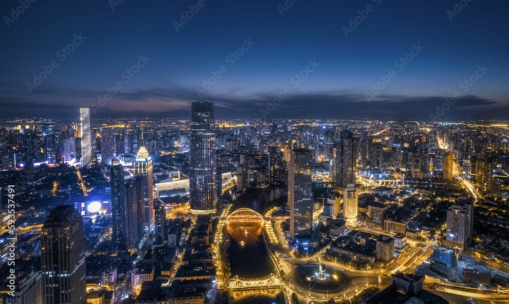 Aerial view of the cityscape at night, in Tianjin, China