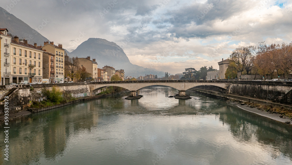 Grenoble, Auvergne-Rhône-Alpes, France - December 4, 2022: River Drac in Grenoble