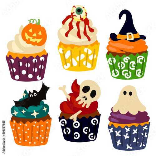A set of realistic cupcakes for Halloween. Eerily decorated cupcakes, themed little cakes for October 31 and a scary dessert set of cartoon vector illustrations. Baking for Halloween. Day of the Dead