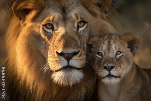 The portrait composition showcases the heartwarming bond between a male lion and its cub