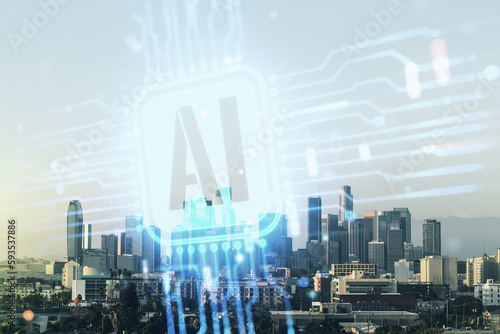 Double exposure of creative artificial Intelligence icon on Los Angeles city skyscrapers background. Neural networks and machine learning concept
