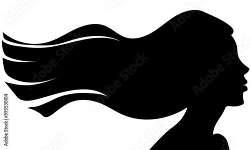 The silhouette of a beautiful woman with long hair flowing in the wind in profile. Template for postcards, greetings, flyers, banners for a beauty salon, hairdresser or Women's Day on March 8