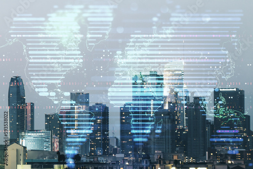 Multi exposure of abstract graphic world map on Los Angeles cityscape background, big data and networking concept