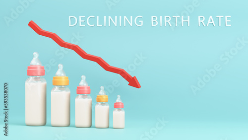 Fertility decline concept. Depopulation, demographic crisis. Baby bottles in the form of graph and down arrow. Declining Birth Rate inscription. 3d illustration.