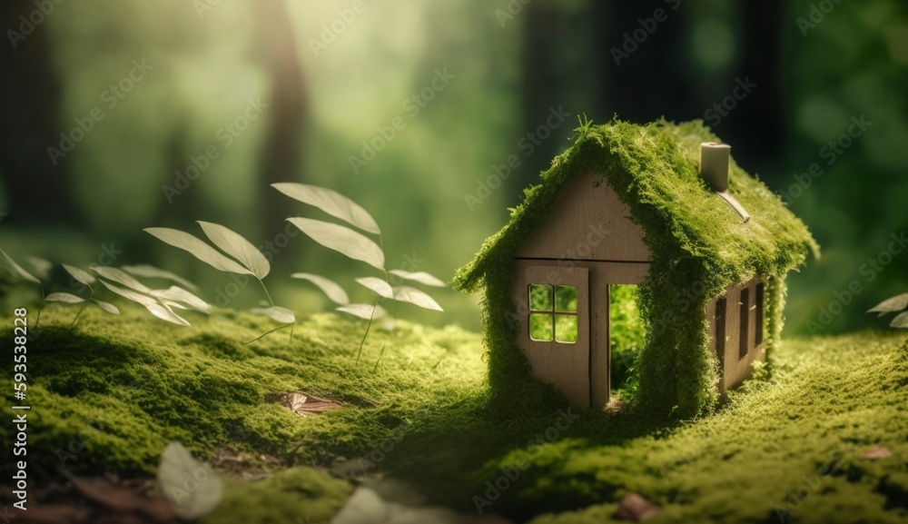 Green home. Concept for environmentally friendly and green housing. A tiny wooden house in the springtime moss, ferns, and grass.Generative AI