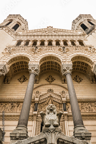 Lyon, Auvergne-Rhône-Alpes, France - December 9, 2022: Facade of the Basilica of Notre-Dame de Fourviere