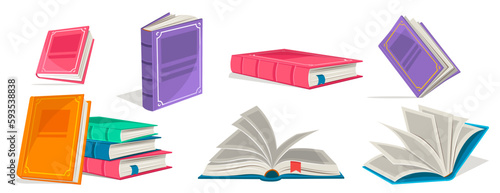 Big set with opened and closed textbooks, workbooks in different positions. World book and copyright day concept.