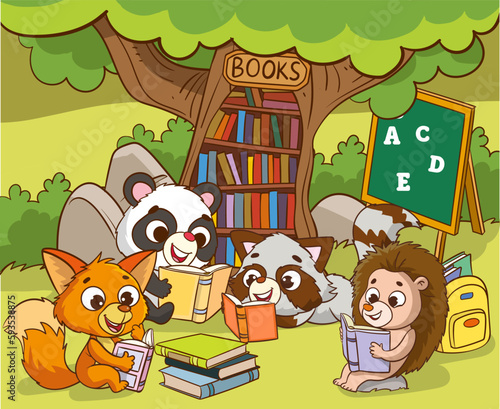 cute animals reading under the tree cartoon vector