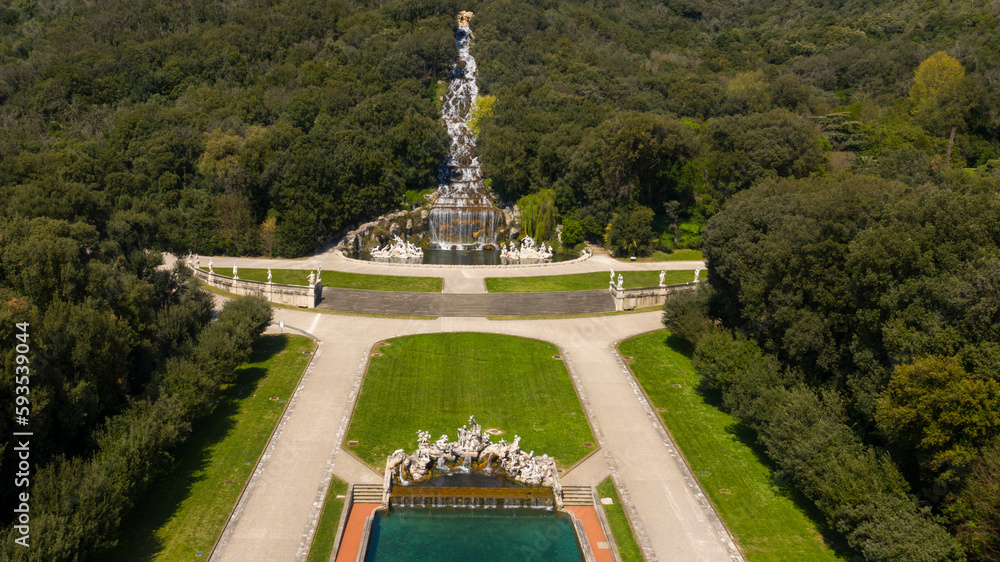 Aerial view of the Fountain of Venus and Adonis and waterfall in the Royal Palace of Caserta also known as Reggia di Caserta. It's a former royal residence with gardens in Caserta, near Naples, Italy.