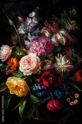 Vibrant Bouquet  A Painting of Colorful Flowers Against a Dark Background