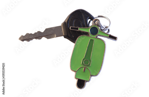 PNG mobile scooter key with a green metal scooter icon hanger attached to the keys with a metal ring. PNG image