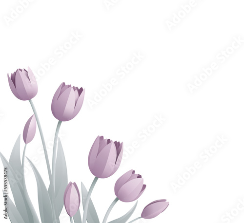 Paper craft or paper cut origami style floral tulip flowers design. With lilac tulips background corner frame design elements. Perfect for Valentines Day or Mothers Day.