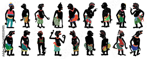 Set of Thai shadow puppet in national clothes. Vector illustration.