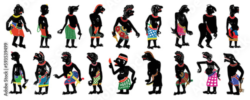 Leather Shadow Puppet in traditional costume. Set of vector illustrations in flat style.