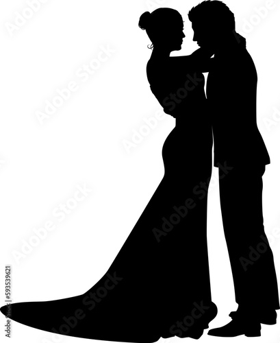 Bride and groom couple silhouettes. Woman in a bridal wedding dress