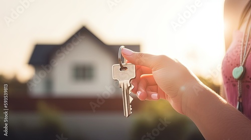 A person holding a key in their hand, in front of a house., generative ai
