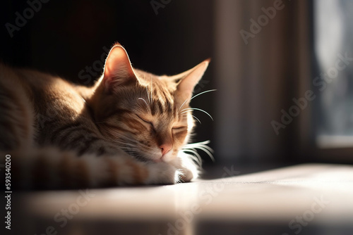 Cat sleeping in a sun beam. Generative AI © lanych