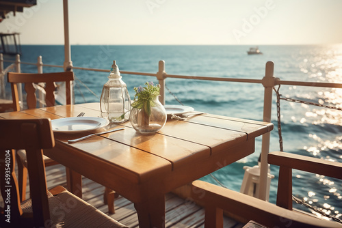 Table served in a restaurant with the blue sea view. Generative AI